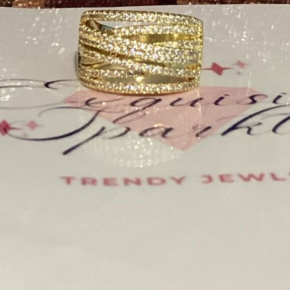 💛18k Gold Wide Band Micro Pave Cz Diamond Crisscross stacked Diamond Ring - Picture 4 of 16